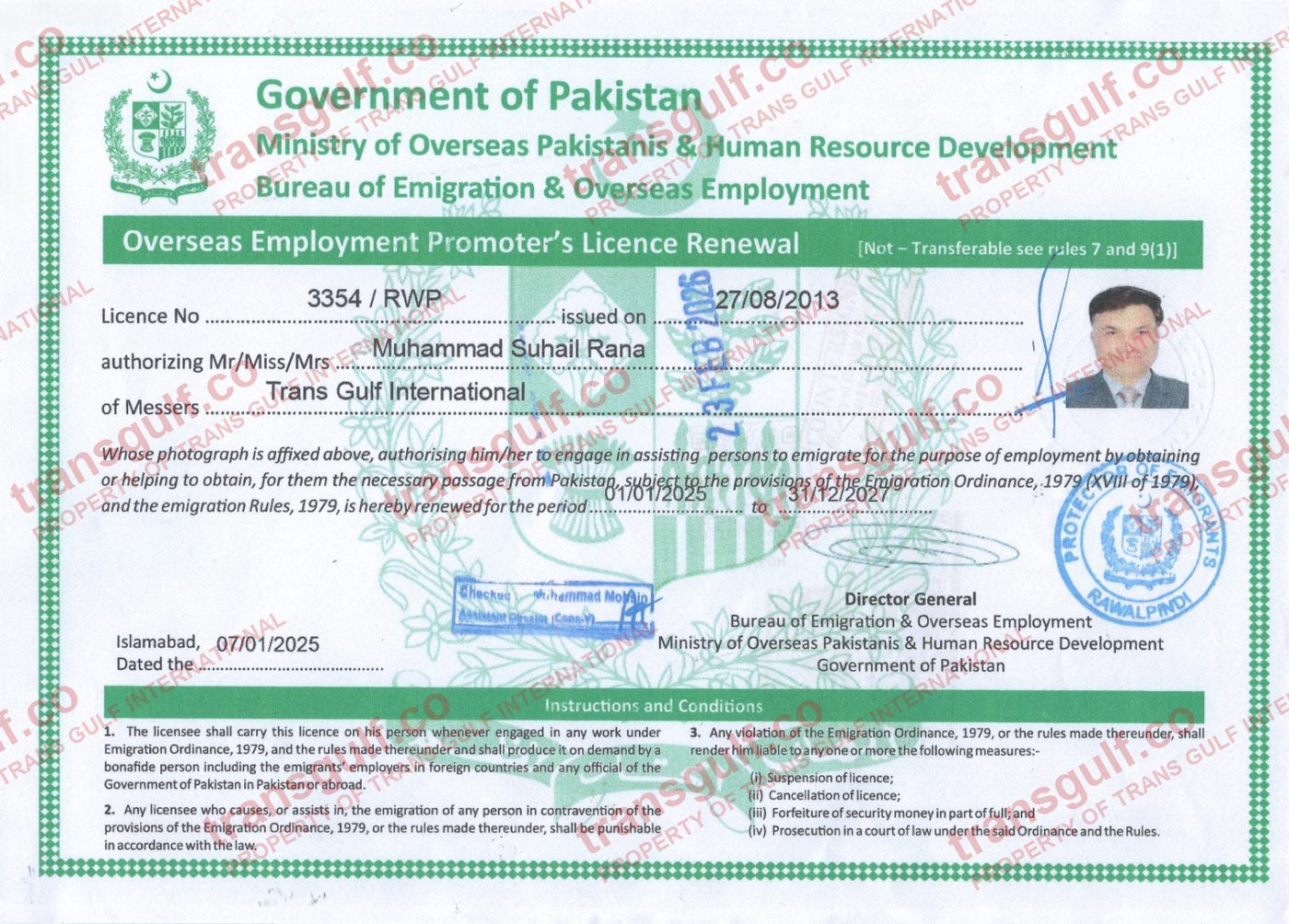 Overseas Employment Promoter's Licence 3354/RWP